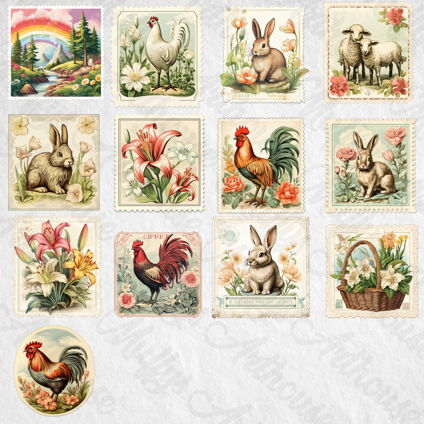 easter vintage stamps cliparts,downloadable easter print,card making,junk journal kit,easter elements,vintage easter figures,printful easter