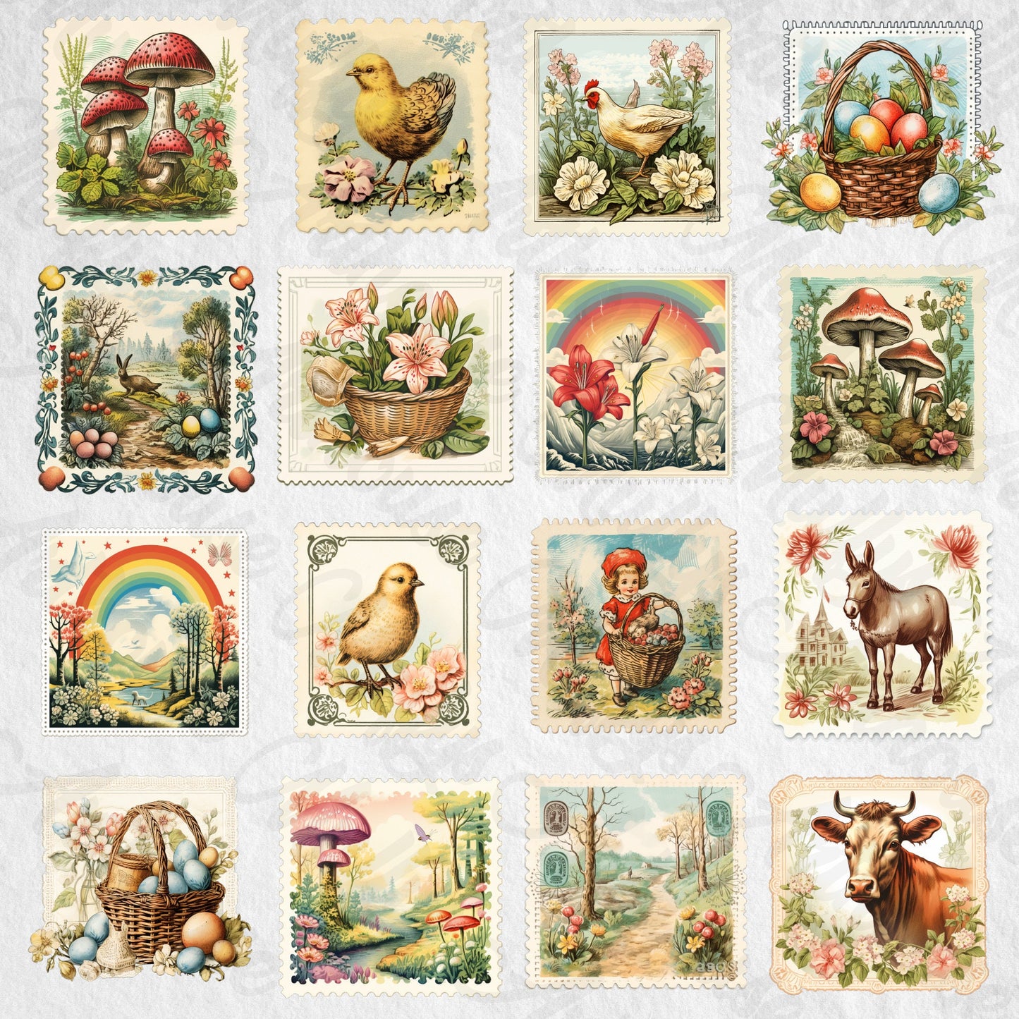easter vintage stamps cliparts,downloadable easter print,card making,junk journal kit,easter elements,vintage easter figures,printful easter