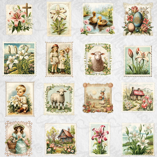 easter vintage stamps cliparts,downloadable easter print,card making,junk journal kit,easter elements,vintage easter figures,printful easter
