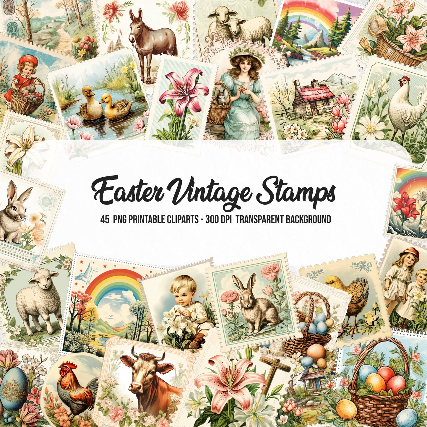 easter vintage stamps cliparts,downloadable easter print,card making,junk journal kit,easter elements,vintage easter figures,printful easter