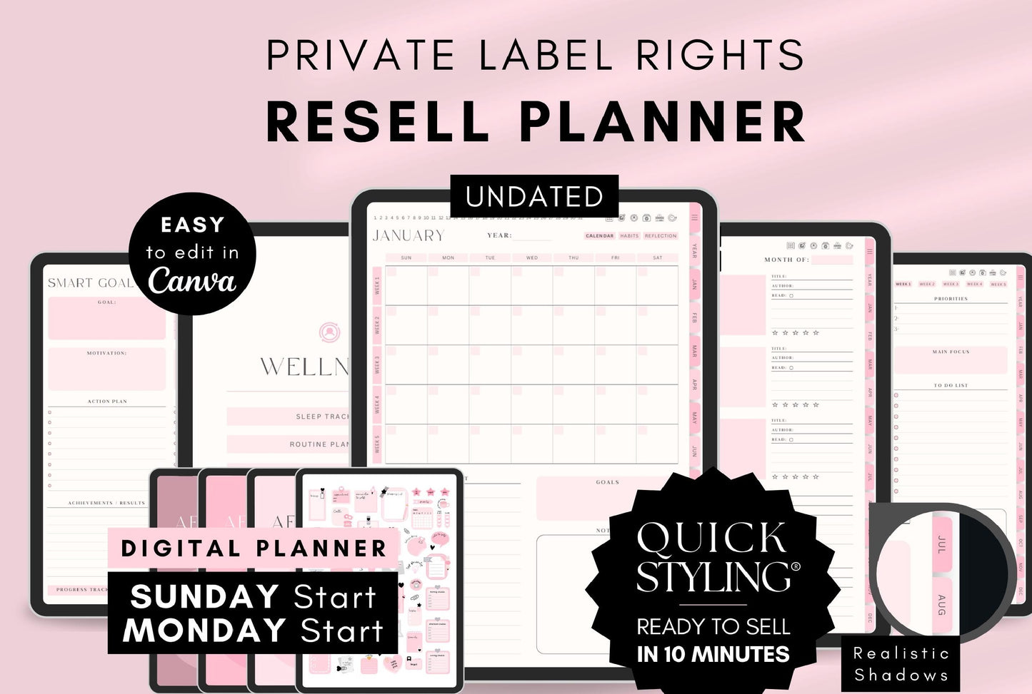 PLR Undated Digital Planner, Hyperlinked. Premium Design, Aesthetic Pink Pastels PLR Canva Template Resell Planner with Private Label Rights