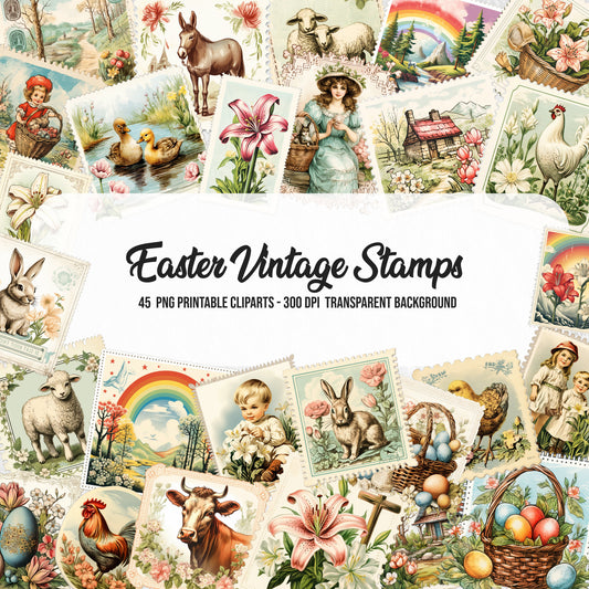 easter vintage stamps cliparts,downloadable easter print,card making,junk journal kit,easter elements,vintage easter figures,printful easter