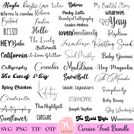The Ultimate 50 Font Bundle: SVG, TTF, OTF & More - Perfect for Cricut, Canva, Procreate & Crafting!