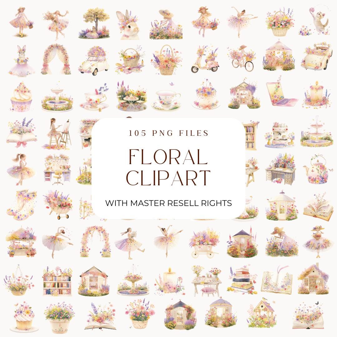 Master Resell Rights Floral Clipart Bundle | Watercolor Spring Wildlife PNG | Nursery Wall Art & Invitations