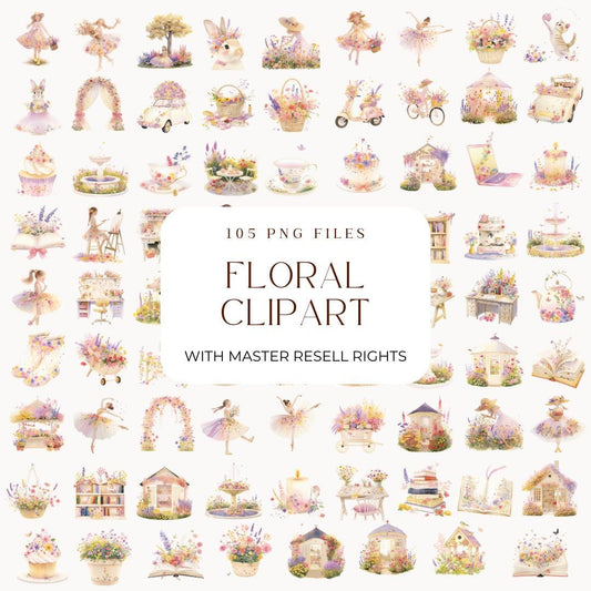 Master Resell Rights Floral Clipart Bundle | Watercolor Spring Wildlife PNG | Nursery Wall Art & Invitations