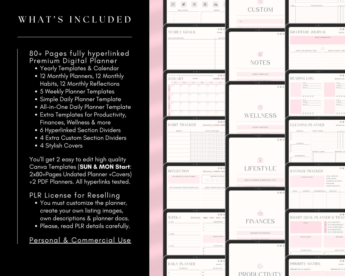 PLR Undated Digital Planner, Hyperlinked. Premium Design, Aesthetic Pink Pastels PLR Canva Template Resell Planner with Private Label Rights