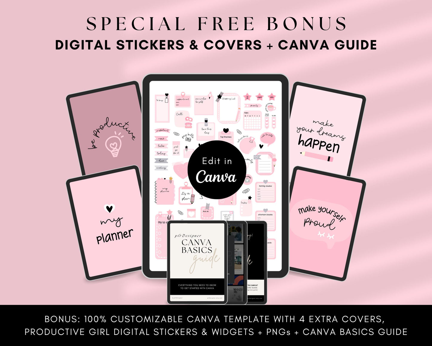 PLR Undated Digital Planner, Hyperlinked. Premium Design, Aesthetic Pink Pastels PLR Canva Template Resell Planner with Private Label Rights