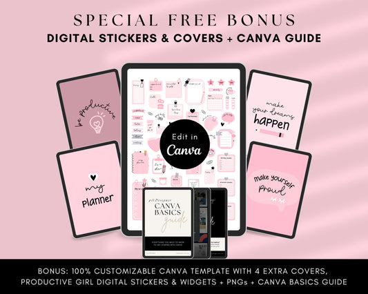 PLR Undated Digital Planner, Hyperlinked. Premium Design, Aesthetic Pink Pastels PLR Canva Template Resell Planner with Private Label Rights