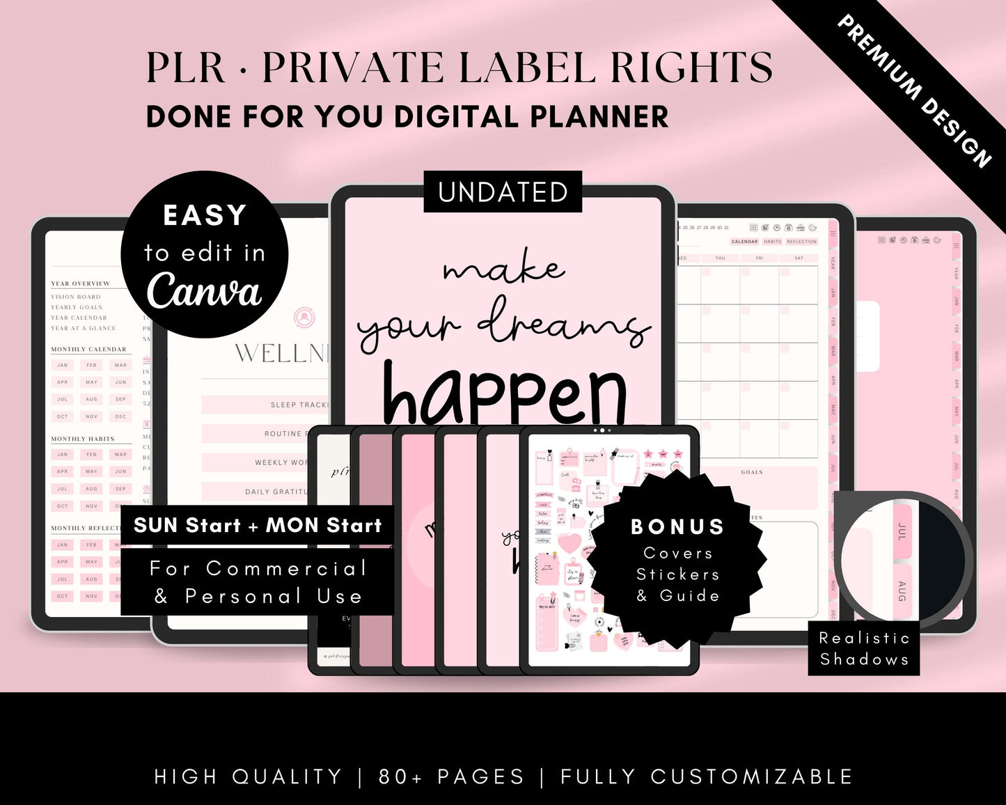 PLR Undated Digital Planner, Hyperlinked. Premium Design, Aesthetic Pink Pastels PLR Canva Template Resell Planner with Private Label Rights