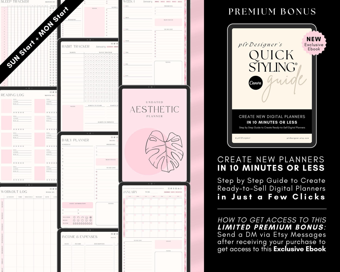 PLR Undated Digital Planner, Hyperlinked. Premium Design, Aesthetic Pink Pastels PLR Canva Template Resell Planner with Private Label Rights