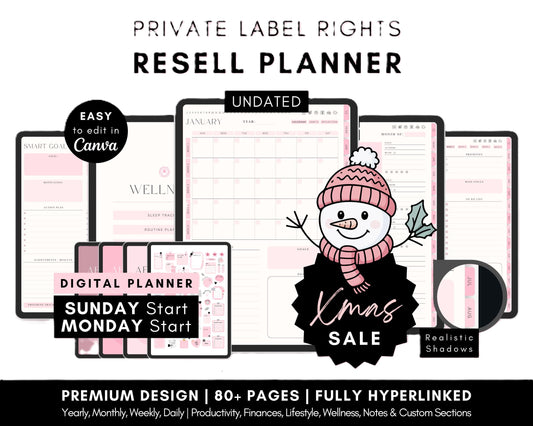 PLR Undated Digital Planner, Hyperlinked. Premium Design, Aesthetic Pink Pastels PLR Canva Template Resell Planner with Private Label Rights