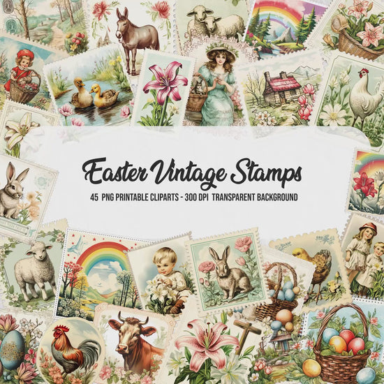 easter vintage stamps cliparts,downloadable easter print,card making,junk journal kit,easter elements,vintage easter figures,printful easter