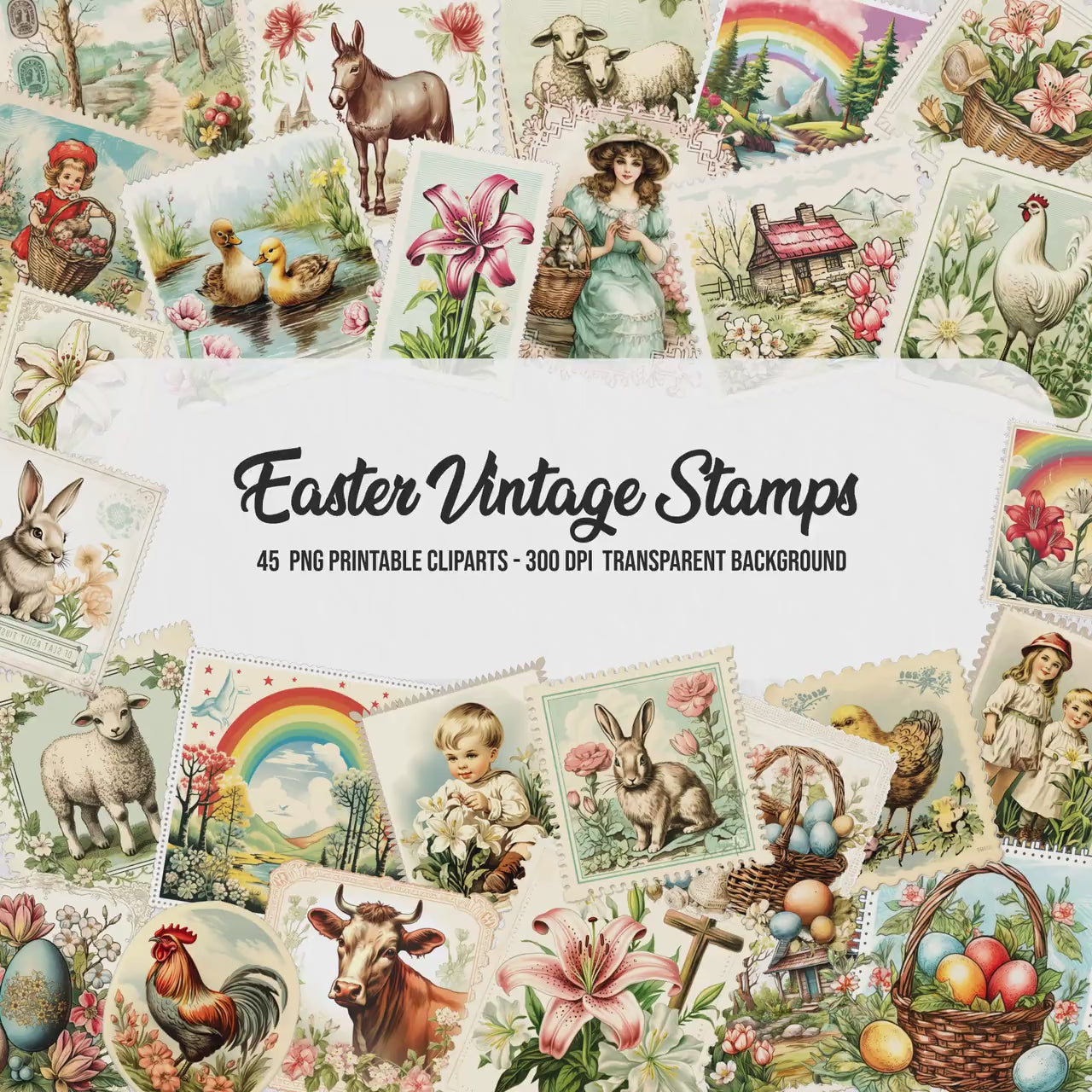 easter vintage stamps cliparts,downloadable easter print,card making,junk journal kit,easter elements,vintage easter figures,printful easter